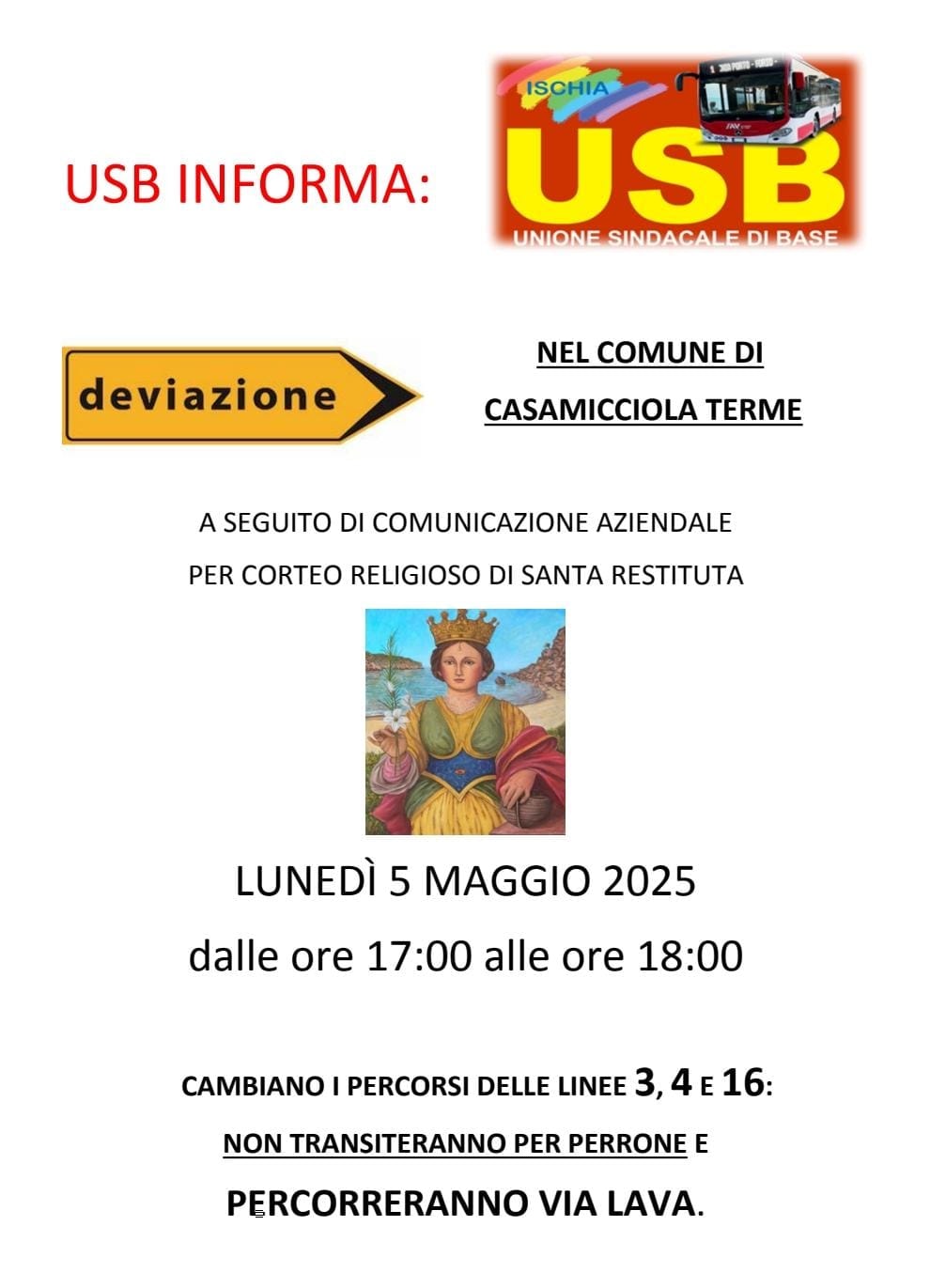 Casamicciola Terme: Deviazioni EAVBUS per il Corteo di Santa&nbsp;Restituta