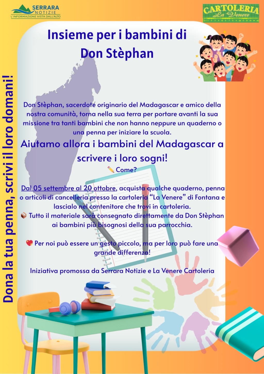 Insieme per i bambini di Don Stèphan: Serrara Notizie e la Cartoleria La Venere promuovono una raccolta&nbsp;solidale