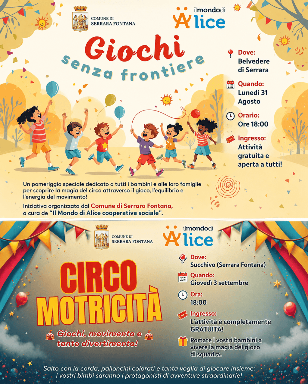 Serrara Fontana, due appuntamenti dedicati ai più piccoli: “Circo Motricità” e “Giochi senza&nbsp;Frontiere”