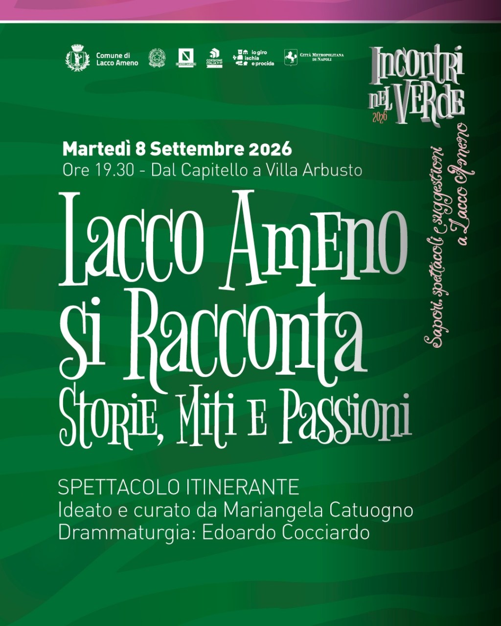 Incontri nel Verde 2026, Lacco Ameno diventa un palcoscenico: questa sera teatro itinerante e Lake Funk Street&nbsp;Band