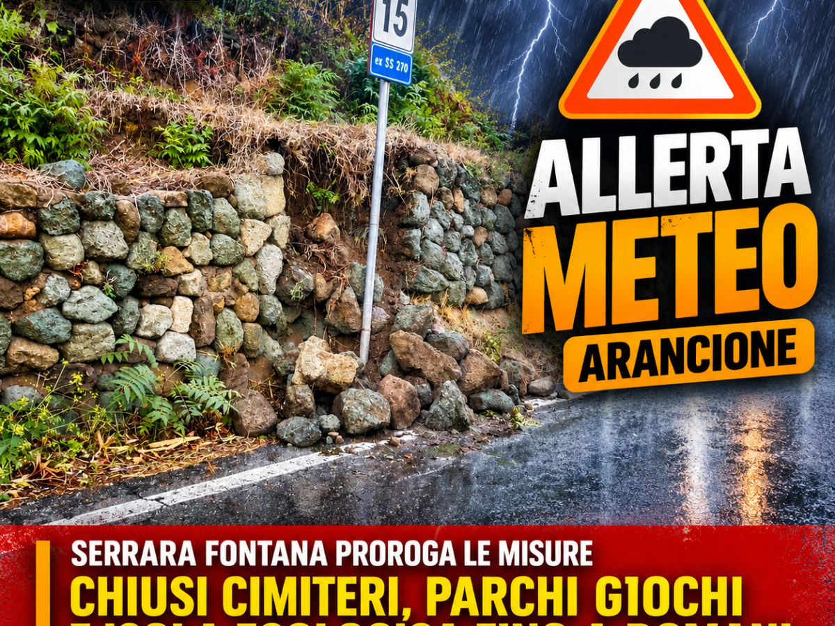 Serrara Fontana, prorogata l’allerta meteo arancione: chiusi cimiteri, parchi giochi e isola ecologica fino a&nbsp;domani